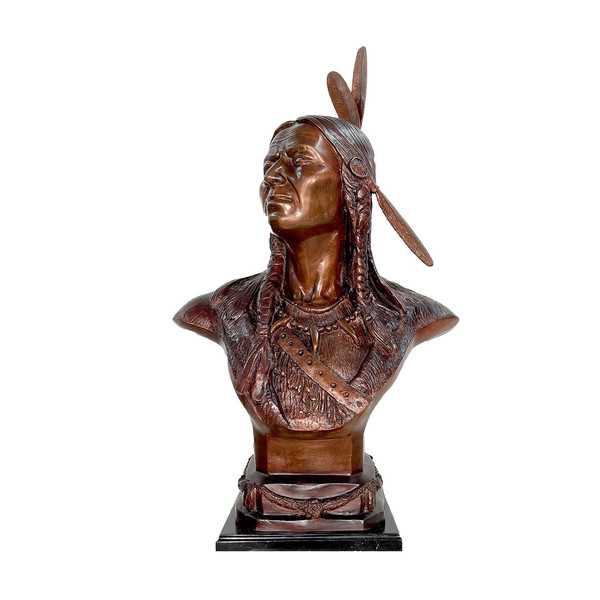 Indian Bust Bronze Statue on Marble Base Native American Sculpture